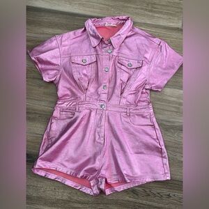 Peach Love Space Cowgirl Pink Metallic High Waist Romper Shorts